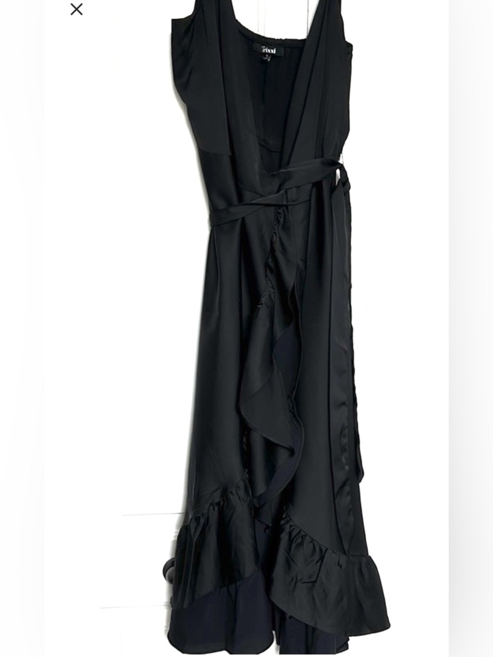 Trixee Black , polyester,rayon sleek dress, with attached tie belt, maxi,